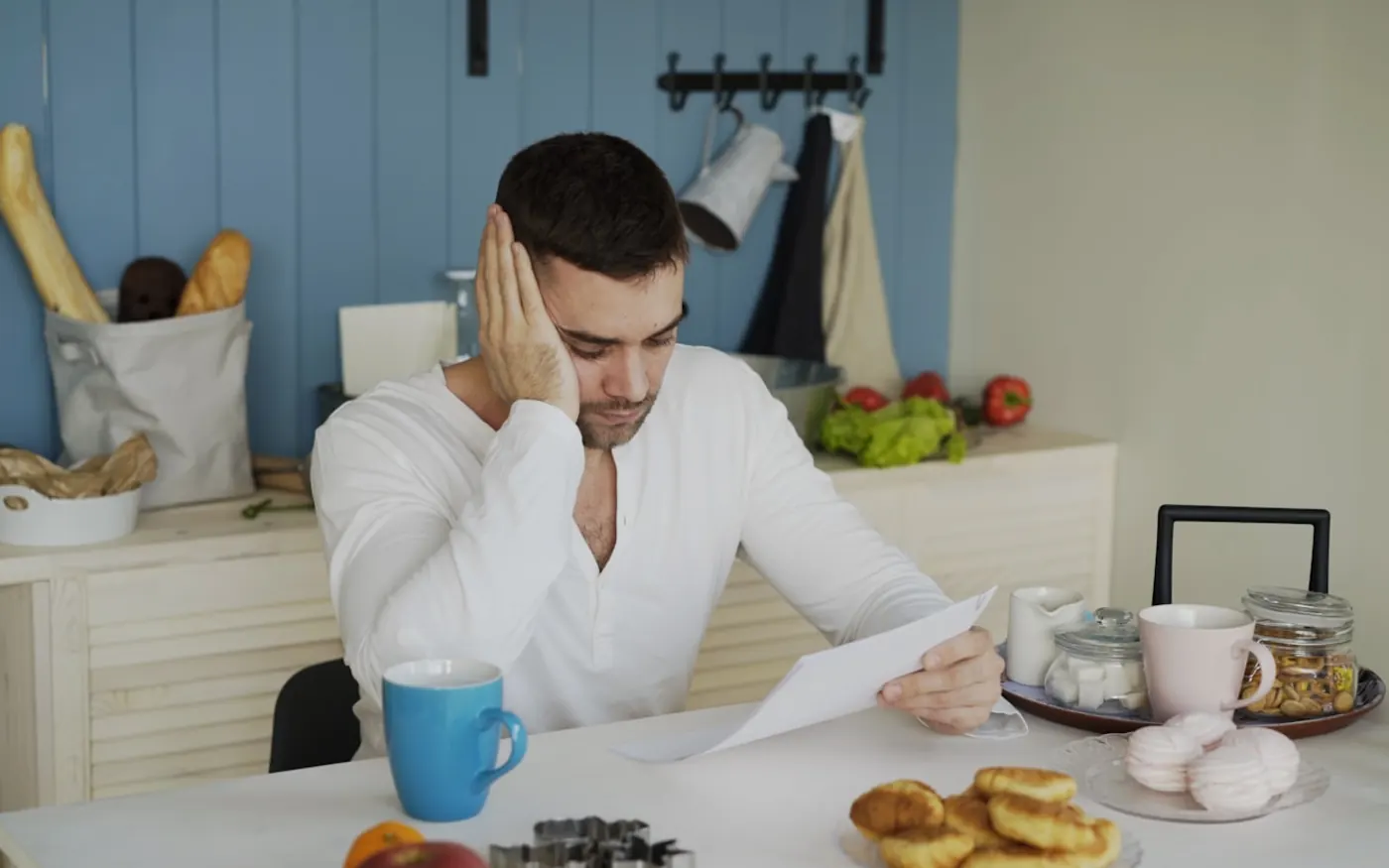Trabajador revisando unos papeles sentado a la mesa de su casa